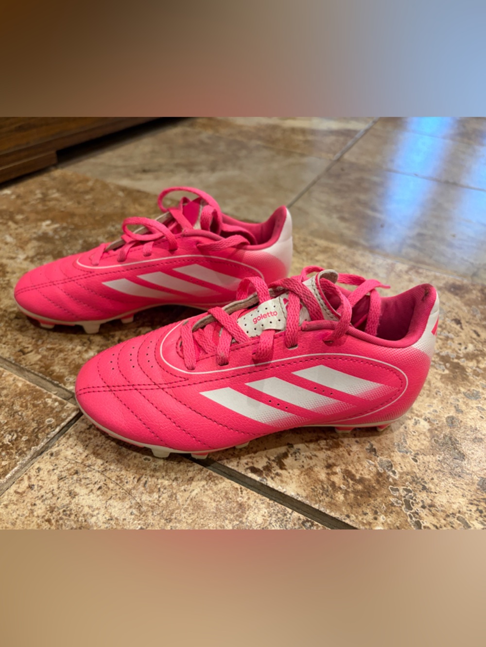 adidas Kids Pink Soccer Cleats with White Stripes